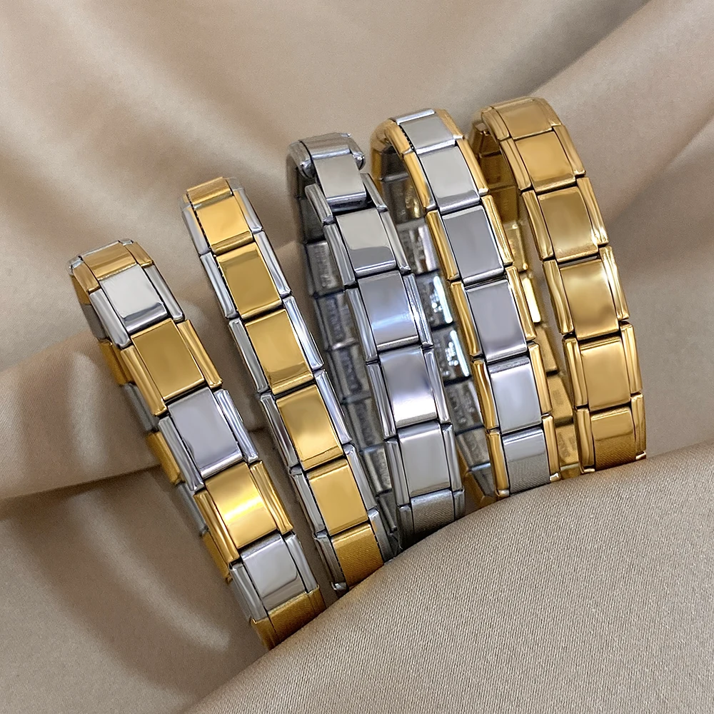 Italienisches Charm-Starter-Edelstahlarmband für Damen und Herren, dehnbares Armband, modulare Gliederkette, goldfarbener Armreif – Detail 5