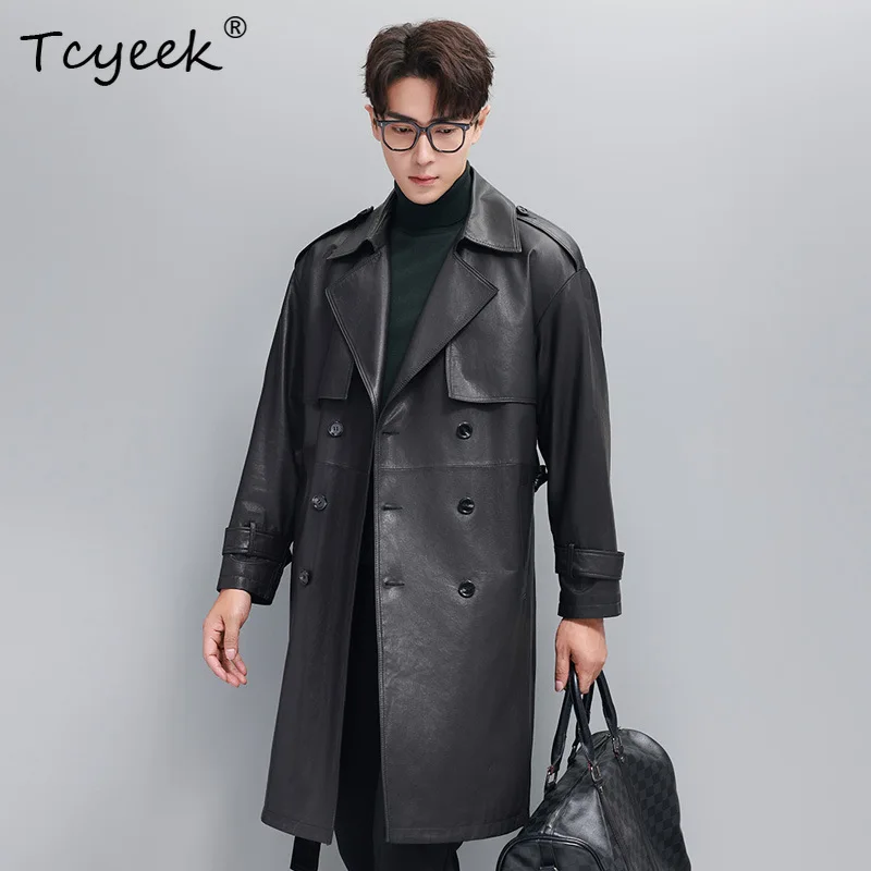Tcyeek Top Layer Sheepskin Real Leather Jacket Men Long Over Knee Trench Coat Man Autumn Clothes Loose Fit Belt Jaqueta De Couro