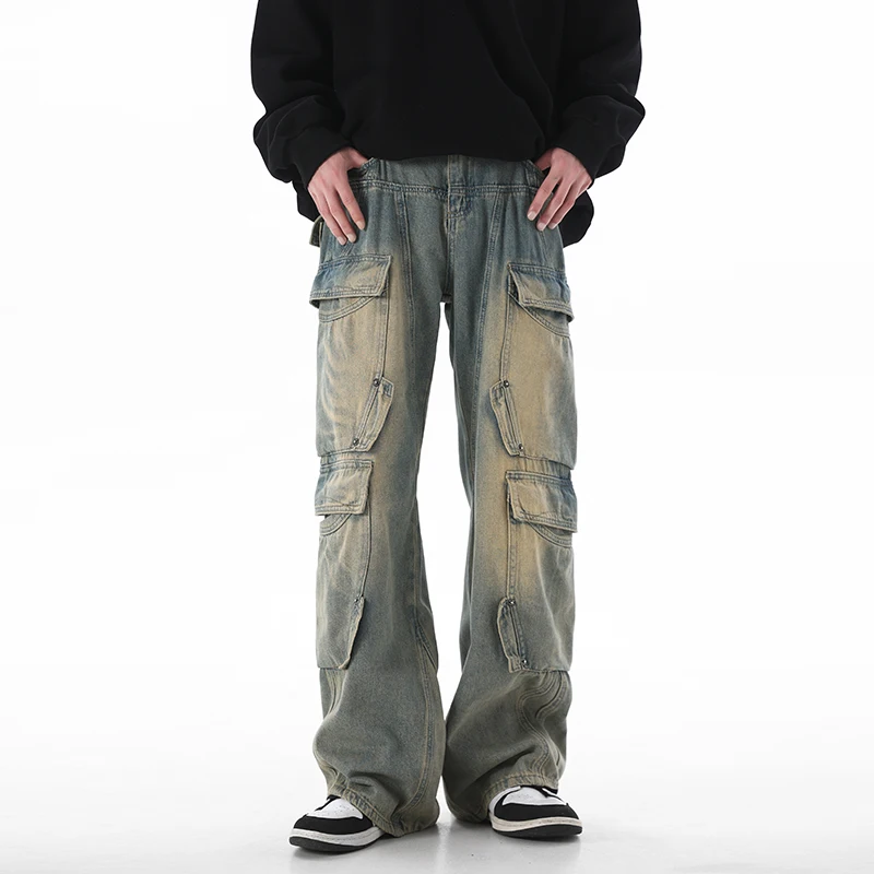 

High street trend multi-pocket work jeans men's tide brand gangster handsome fried street design sense of pants men's models