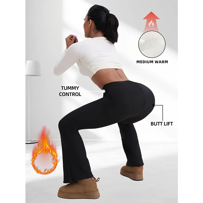 가을 겨울 여성용 플리스 안감 따뜻한 바지 하이웨이스트 슬림 탄력 블랙 플레어 팬츠 두꺼운 블랙 힙업 요가 바지