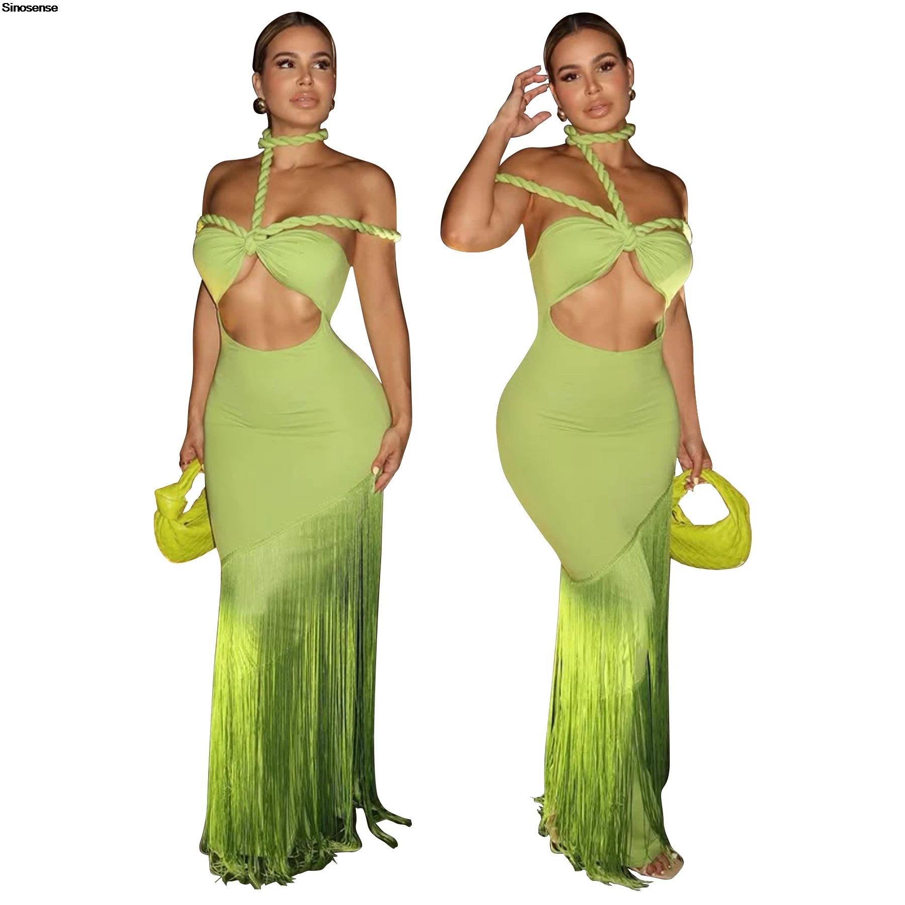 สตรี Halter Bodycon Maxi ชุดเซ็กซี่ Backless ตัดออก Slim Fringed ชุดยาว Elegant Beach Vocation Night Out Club Party Dress