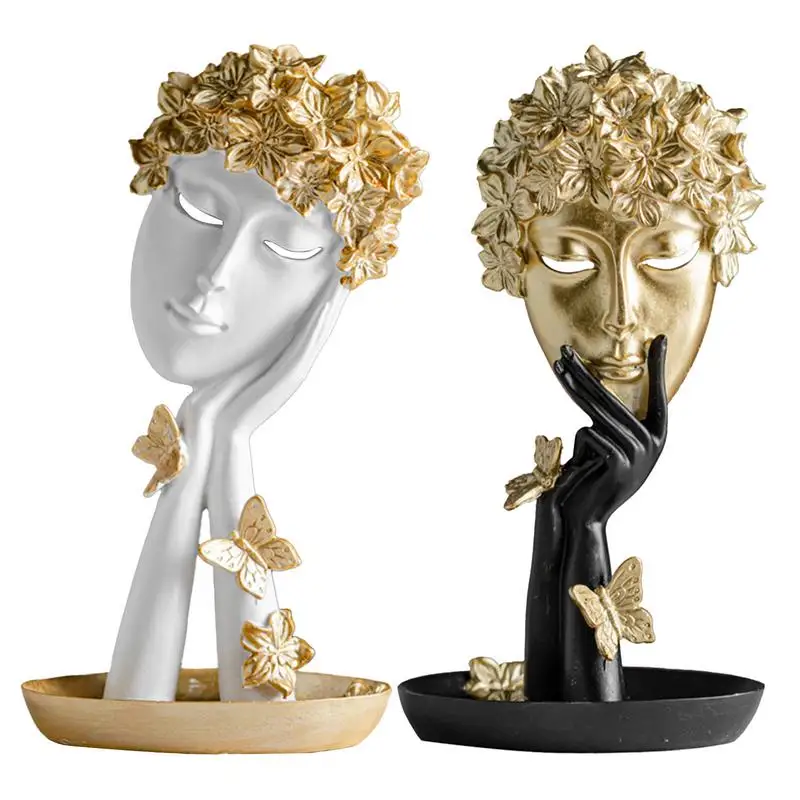 Thinker Statue Decor Blonde Hair Resin Sculpture Thinker Figurines Art with Butterfly Women Face Statue Abstract Characters