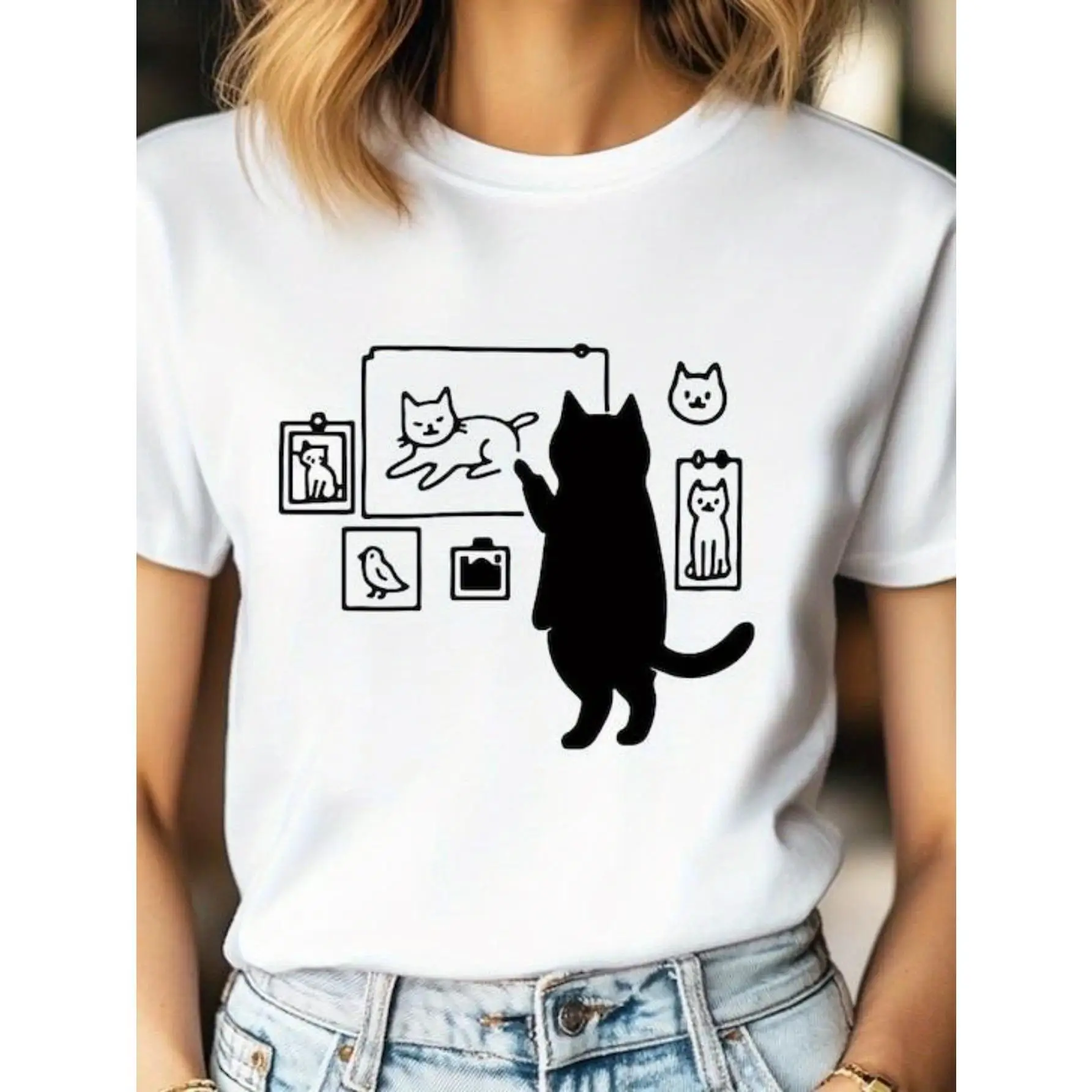 

Creative Cat Art T-Shirt, Minimalist Modern Design for Cat Lovers & Art Enthusiasts, Perfect for Summer Casual Fashion