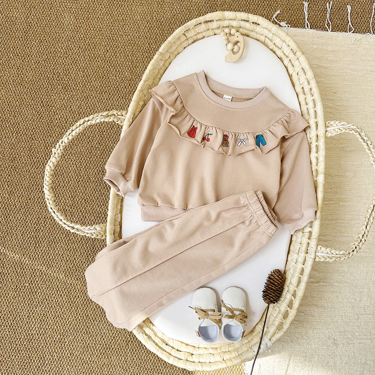 2024 Newborn Baby Girl Clothing Set Spring Long Sleeves+Pants Ruffle Edge Cartoon Embroidered Cotton Doll Neck 2PCS Casual