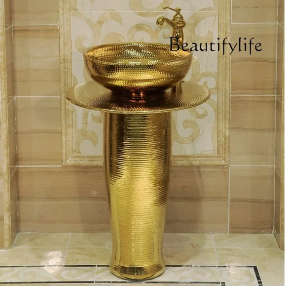 European art column wash basin bar floor-to-ceiling washbasin ceramic gold integrated wash basin