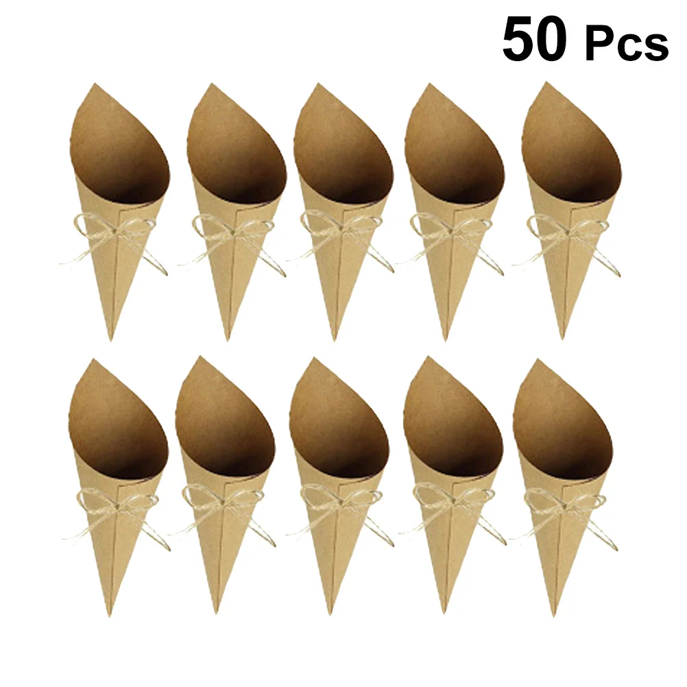 50pcs Kraft Paper Cones Self-Adhesive Confetti Containers For Wedding Party Rose Petals Toss Simple Design Cone Shaped Decor