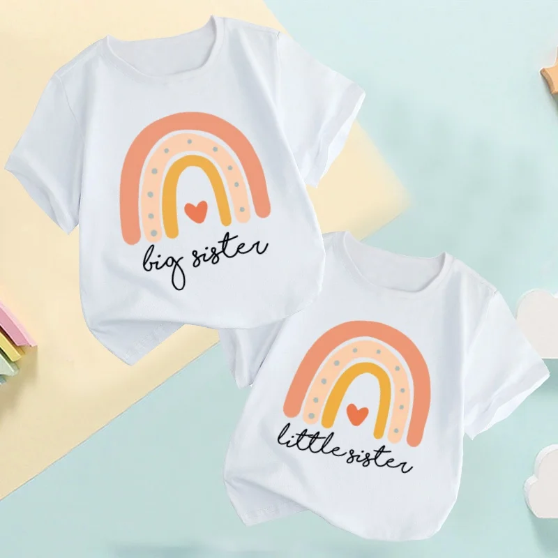 Big Sister Little Sister Rainbow Print Girls T shirt Cute Summer Kids T-shirts Children Baby Sisters Sibling Matching Clothes