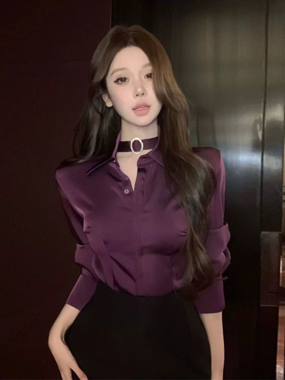 

Элегантная фиолетовая женская рубашка с длинным рукавом, повседневный комплект для осени, премиум-класс, V-образный вырез, на пуговицах, высокое качество