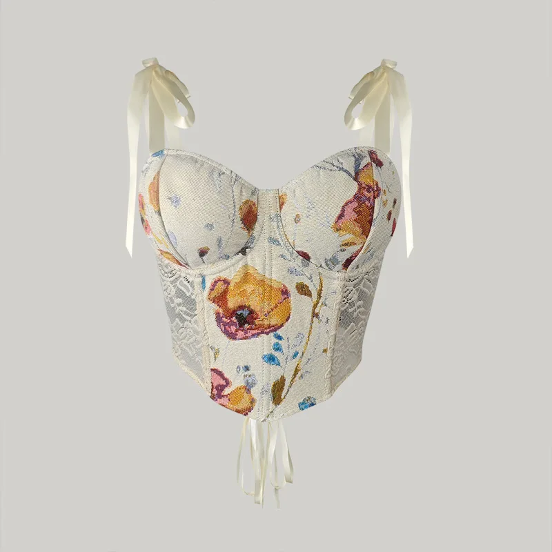 

Сексуальный корсет с рыбьей косточкой, укороченные топы с французским цветочным принтом, тонкая майка на шнуровке, жилет, женская одежда, футболка Y2k, летняя майка
