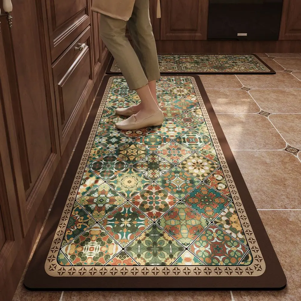 VIKAMA Anti-Slip Water-Absorbing Kitchen Rug Corridor Laundry Room Floor Mat Easy To Clean American-Style Ceramic Tile Home Deco
