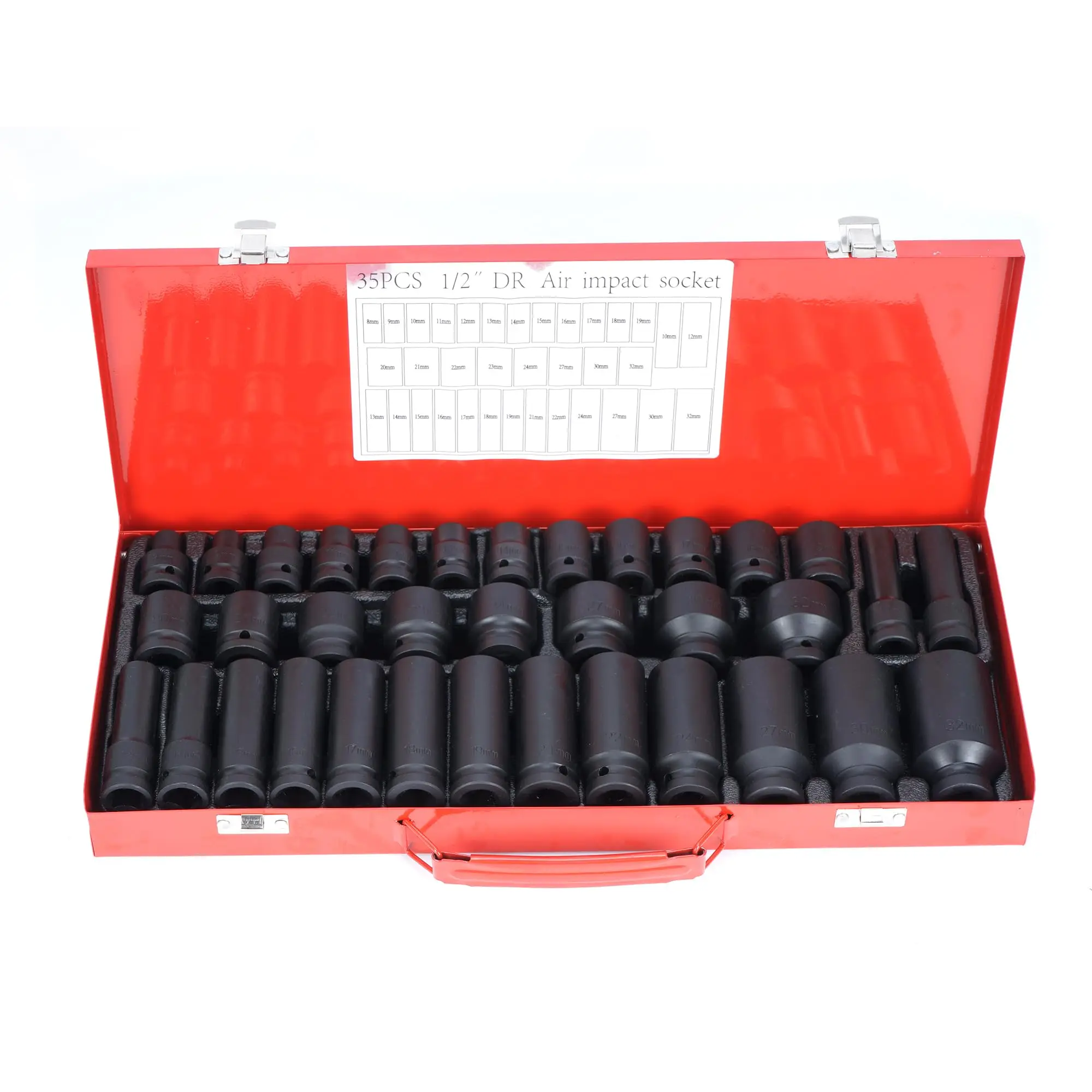 35pc 1/2 Polegada conjunto de soquete de impacto 6 pontos tamanho métrico 8-32mm, unidade profunda eixo porca conjunto de soquete de impacto, com caso portátil, vermelho