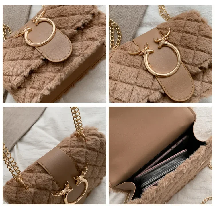 Winter Soft Fur Designer for Women Handbag Deer Lock Chain Plush Shoulder Messenger Crossbody Bags Luxury Female Bolsa Feminina