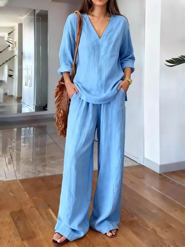 

Casual Solid Pocket Set Women Fashion Long Sleeve V Neck Tops + Loose Wide Leg Pants 2 Piece Sets Lady Holiday Women's Clothing