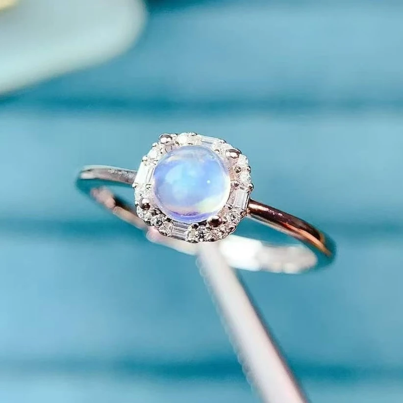

925 Sterling Silver Natural Moonstone Ring, Round Blue Flash Halo Design with Certificate - Elegant Gemstone Jewelry for Women