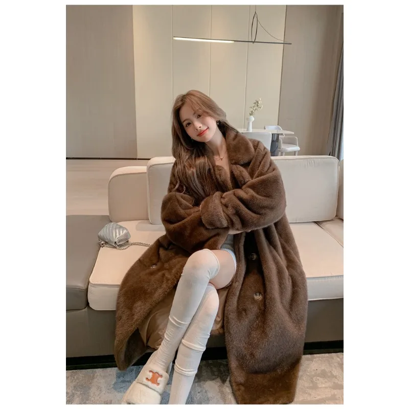 New Lapel Fur Coat Extended Mink Fur Coat European and American Fashion Warm and Plush Clothes for Women