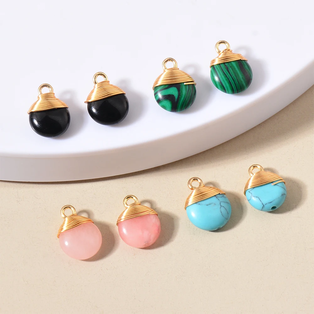 

5Pcs/lot Natural Stone Winding Silk Necklace Round Gemstone Charms Pendant DIY Handmade Earrings Necklaces Jewelry Findings