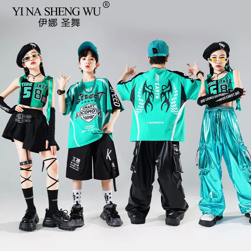 Boys Hip Hop Green T-shirt Shiny PU Leather Cargo Pants Girls Crop Top Kids Street Dance Streetwear Children Jazz Clothes Sets