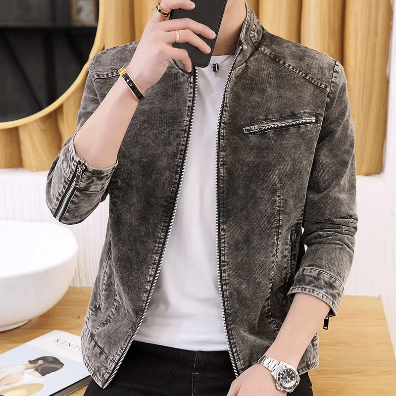 Spring Autumn Men Stand Collar Denim Jacket Fashion Retro Motorcycle Coats Male Long Sleeve Zipper Casual Skinny Jeans Outerwear