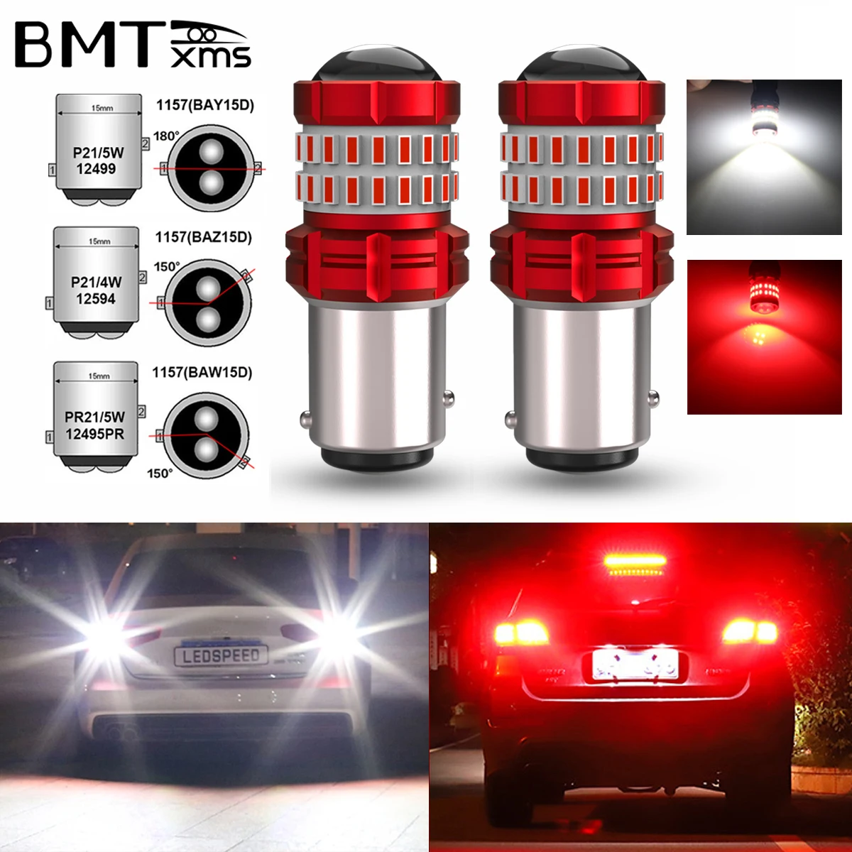 BMTxms 2szt 1157 BAY15D P21/5W LED Hamulec Stop Czerwone Światła Canbus BAW15D PR21W BAZ15D P21/4W LED Światło cofania Białe Światło dzienne
