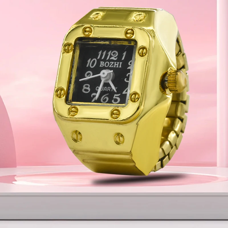 The New Best-Selling Ring Watch Features A Creative Golden Alloy Case With A Finger Square Dial For Couples And Men
