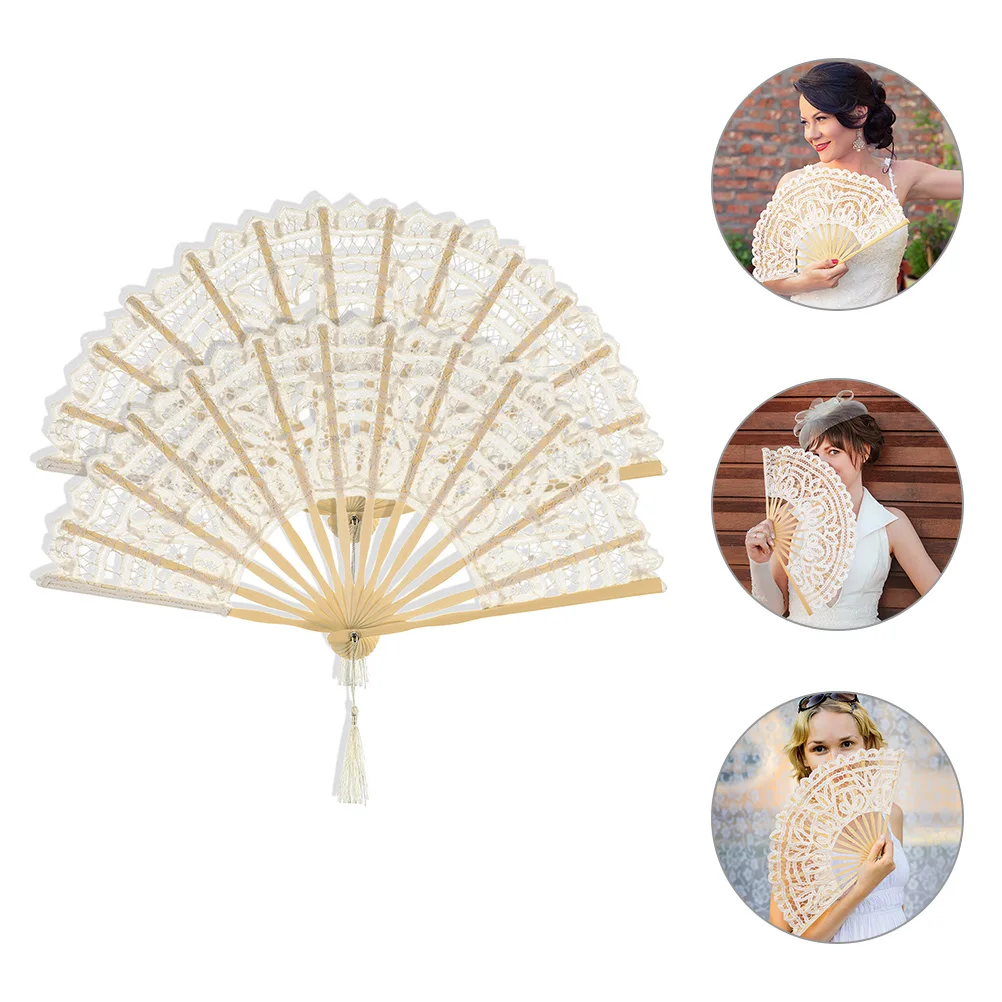 

2pcs Vintage Lace Folding Women Hand Decorative Wedding Fan Portable Tassel Handheld Chinese Folding Fan Party Cosplay Dance