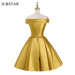 Gold Wedding Party Dress Short Satin OFF Shoulder  robe demoiselle d honneur femme Elegant chic prom night vestido elbise free s