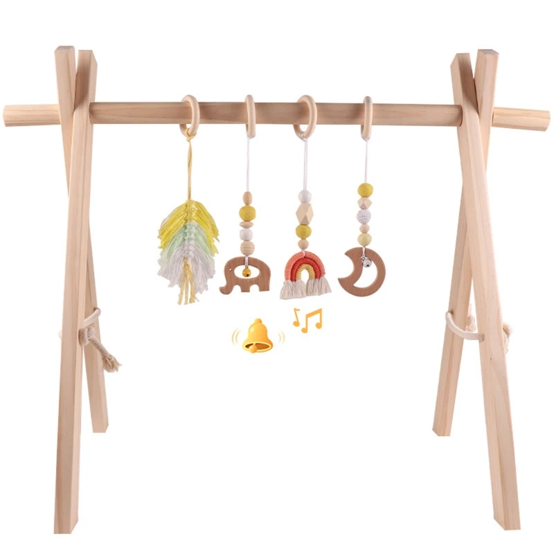 New 4pcs Newborn Wooden Rattle Teether Baby for Play Gym Sensory Toy Hanging Ornament Room Decorations for Birthday Shower