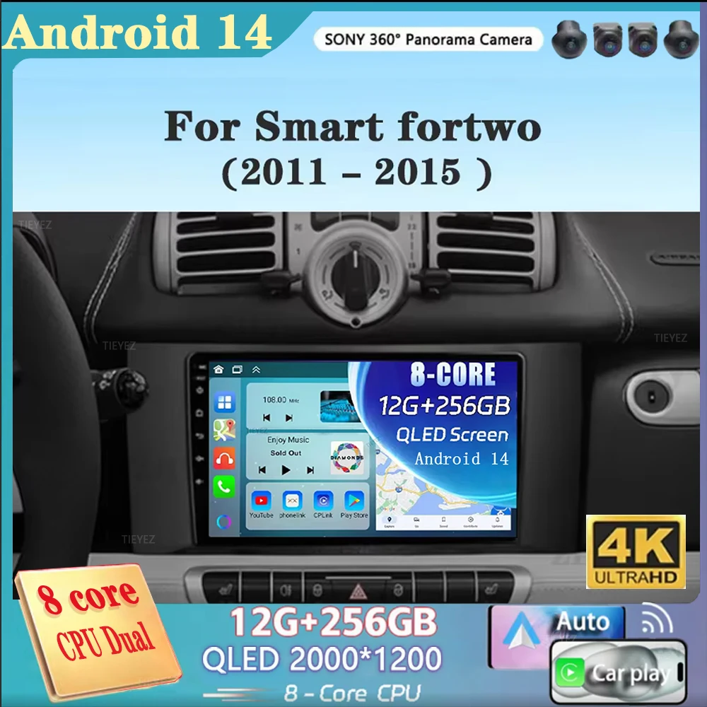 Android 14 Carplay Auto For Mercedes Benz Smart Fortwo 2006 2007 2008 2009 2011-2015 Multimedia Stereo Player GPS Navigation 360