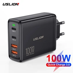 USLION 100W GaN Charger Dual USB A Dual Type C PD Fast Charge For Macbook Air iPhone 15 14 Pro Max Samsung Xiaomi EU KR US Plug