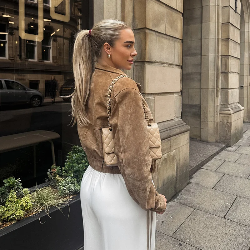 Chic Vintage Suede Long Sleeve Jacket Women's Loose Lapel Collar Zipper Pockets Outerwear Coat 2025 Autumn Lady Loose Outwears