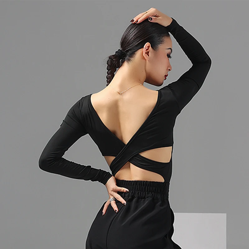 Adult Female Latin Dance Practice Wear Sexy Backless Black Long Sleeve Tops ChaCha Dancewear Rumba Samba Dancing Clothes YS4485