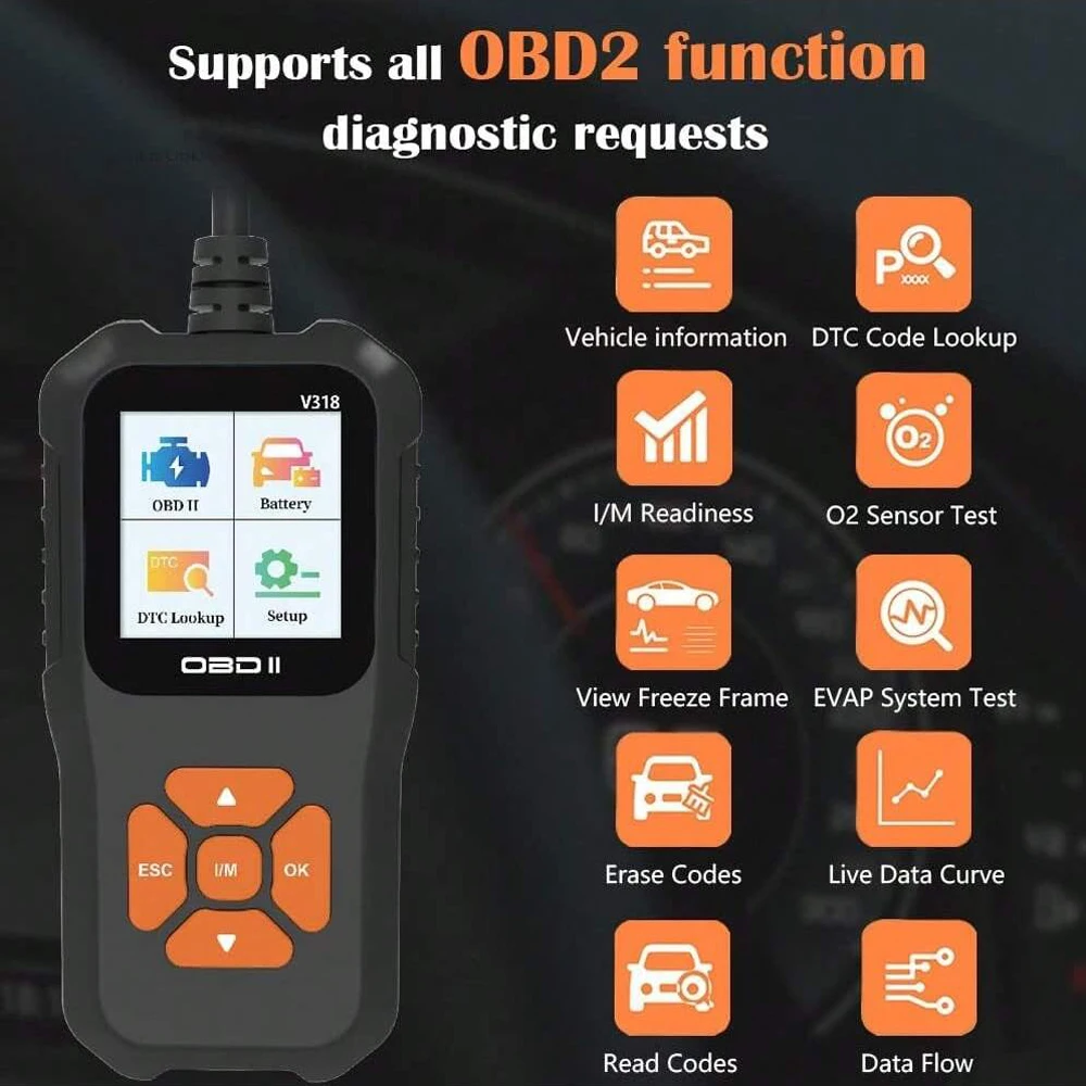 V318 OBD2 Scanner Color Screen Diagnostic Tool Multilingual Engine Fault Code Reader Battery Tester Full-Function Diagnostic