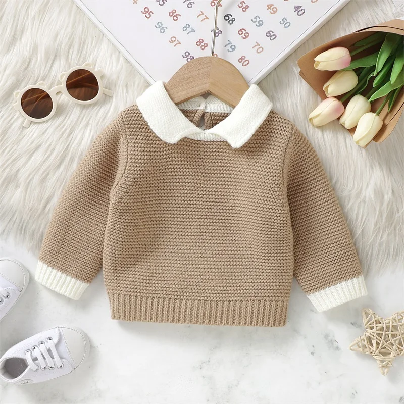 Baby Autumn Winter Xmas Knit Sweaters Long Sleeve Lapel Collar Contrast Color Pullover Infant Fall Tops