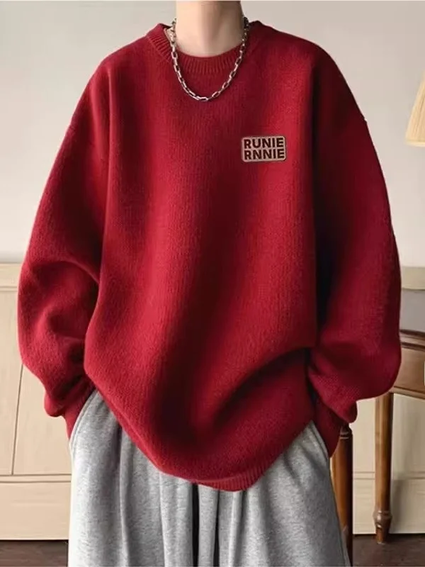 

Вязаный свитер большого размера с круглым вырезом, весенне-осенний, в стиле ретро, красный, с заниженной линией плеч, длинными рукавами, удобный, дышащий.