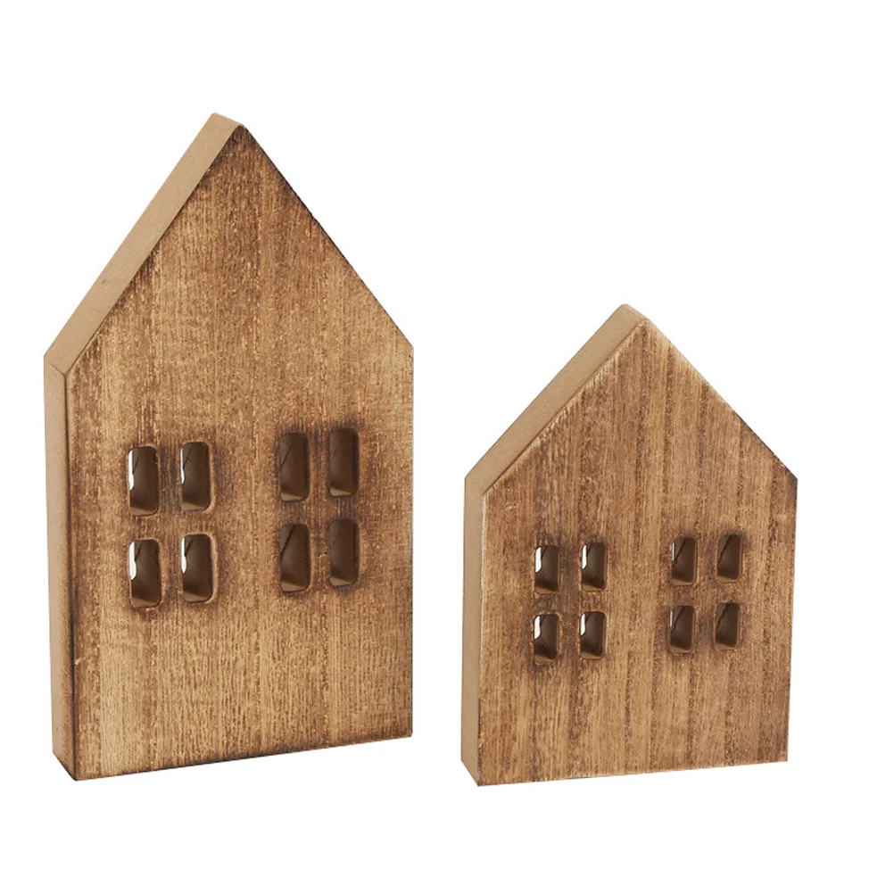 2 Pcs Wooden Crafts Decorative Small House Mini Houses Tabletop Slices Festival Scene Brown Decorated