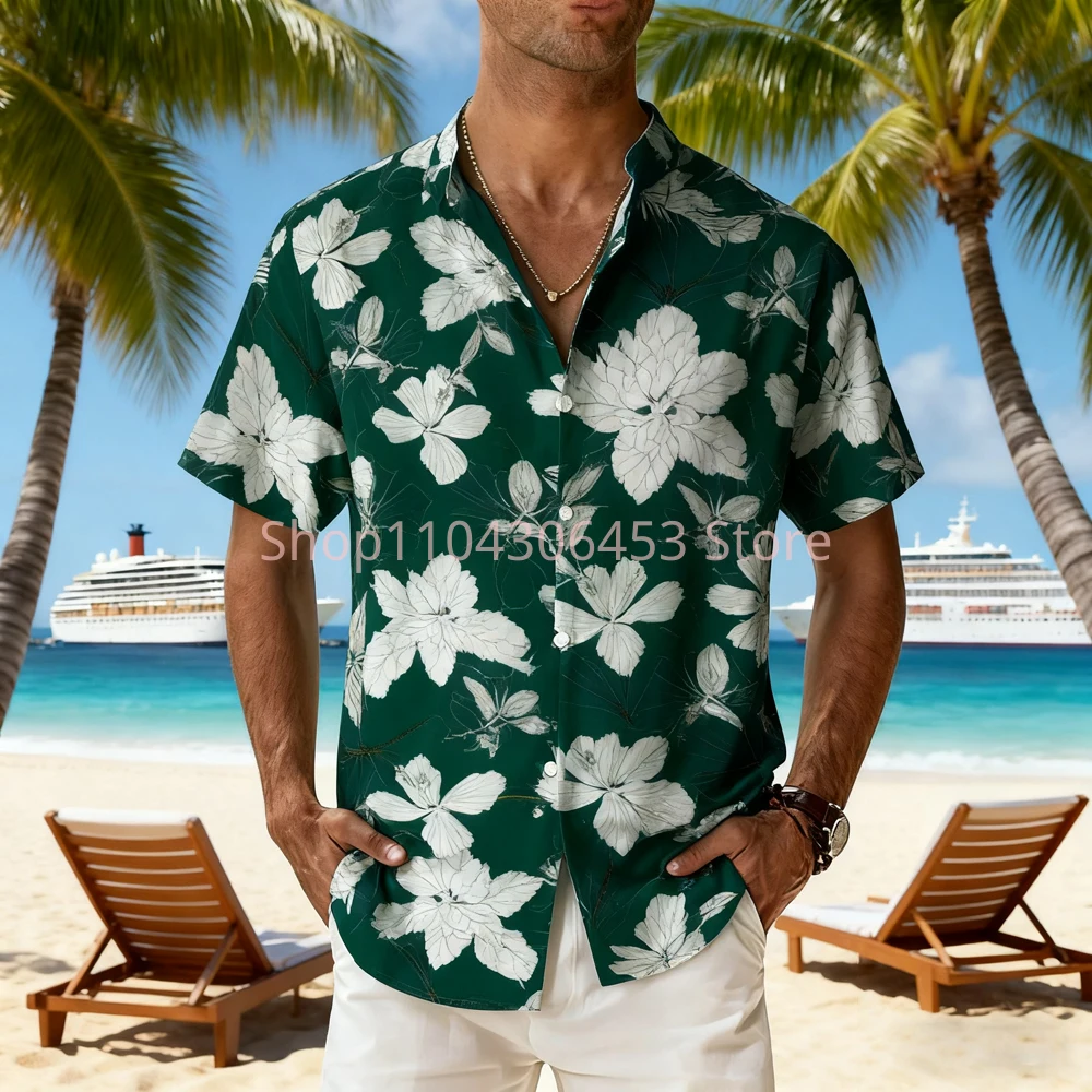 Men's 8-color Natural Leaves Flowers 3D Printed Short-sleeved Lapel Hawaiian Beach Vacation Thin Breathable Casual Shirt Top