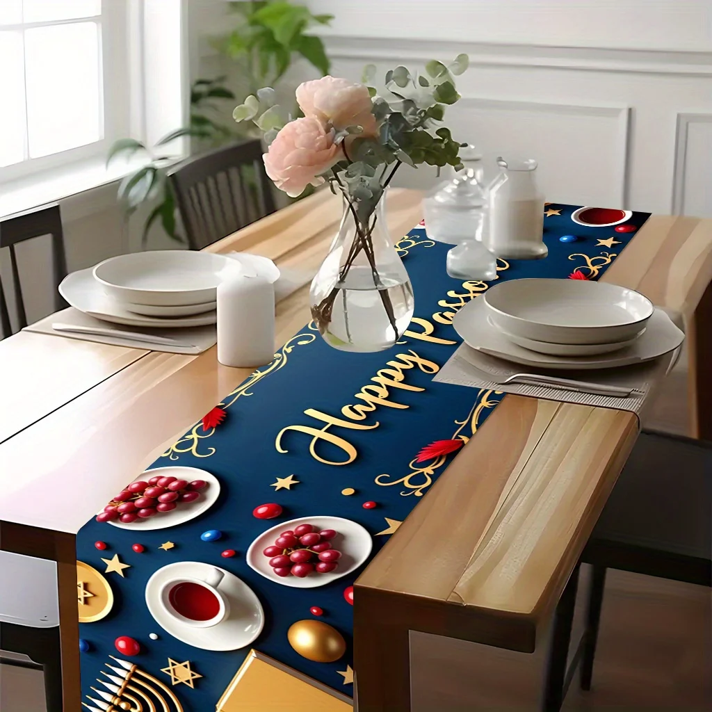 1PC Happy Passover Table Runner, Elegant Spring Summer Decor for Kitchen Dining Room, Indoor Outdoor Home Party Dining Table Acc