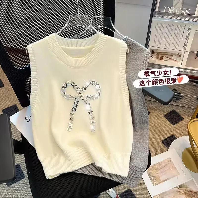 

Свитер с милым бантом и блестками, пуловер на бретелях, весна 202, женский вязаный жилет, топы, женские повседневные трикотажные футболки без рукавов