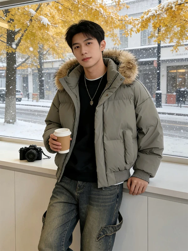 

Thiened Detachable Fur Collar Hooded Parka Cotton Jaet Men's Cleanfit ort Winter Warm Waterproof Thi Outerwear