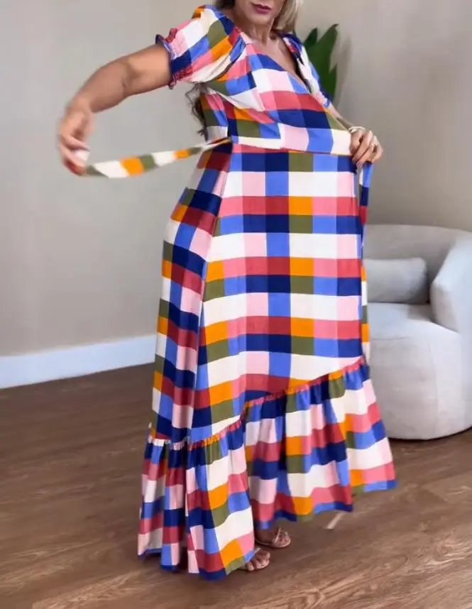 

Women's Dresses Colorful Plaid Print V-Neck Puff Sleeve Wrap Lace-Up Vacation Dress Casual Bow Tie Waist Ruffle Hem Maxi Dress