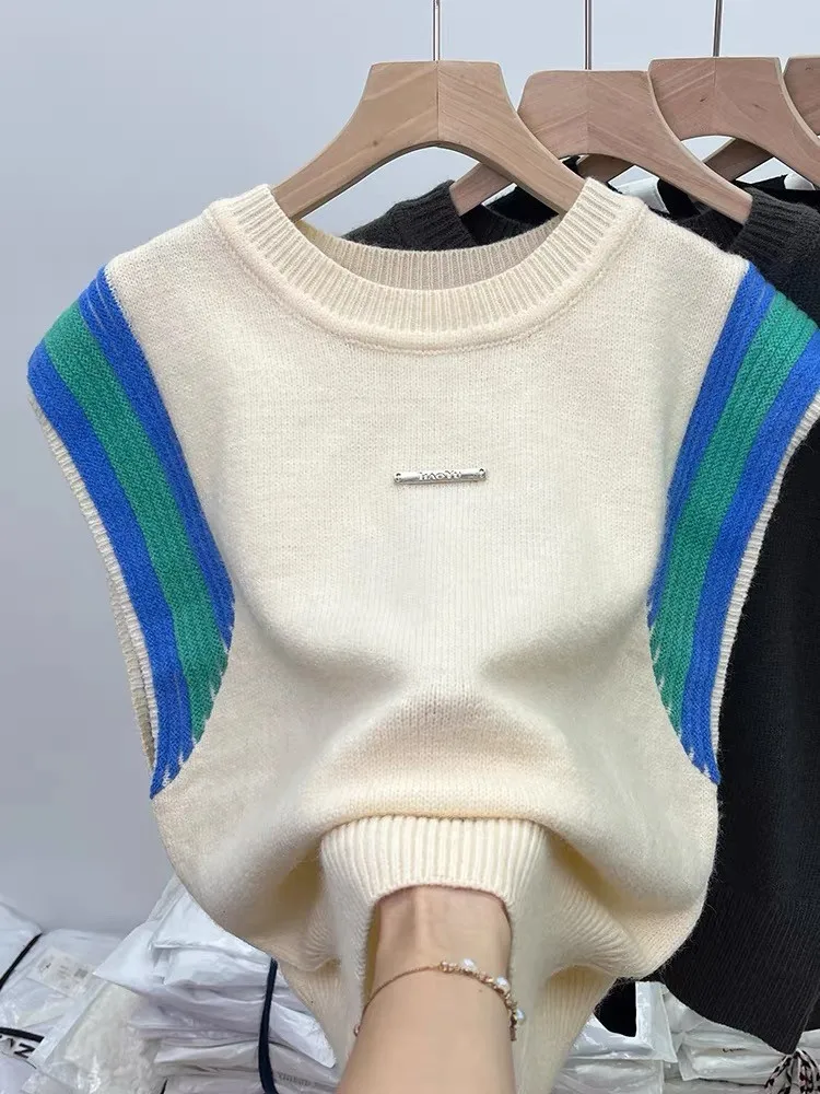 Korean Casual Knit Sweater Vests Women 2024 Summer Sleeveless O-neck Tops Knitwear Striped Fashion Loose Ladies Jumpers Vest