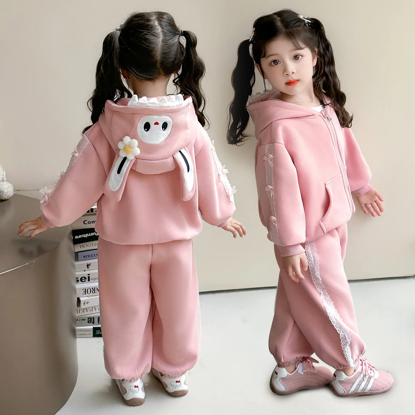 

Anime My Melody Girls' Cotton Coat Pants Set Kid's Rabbit Ear Hoodie and Sports Pants Two Piece Set Spring Autumn Clothing