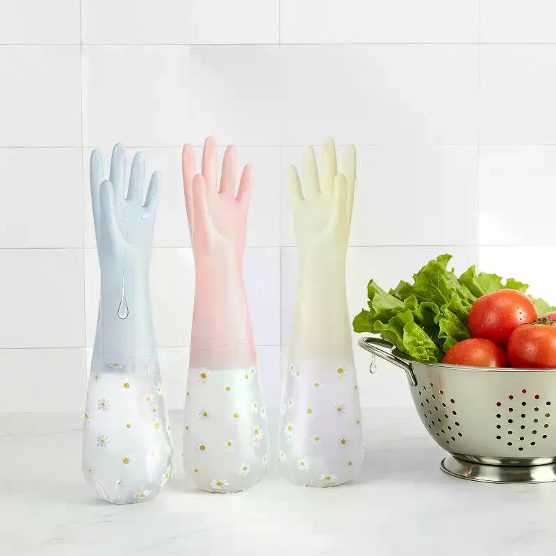 Floral Pattern Household Latex Waterproof Cleaning Gloves: Kitchen Dishwashing Laundry Wear Resistant Rubber view 5