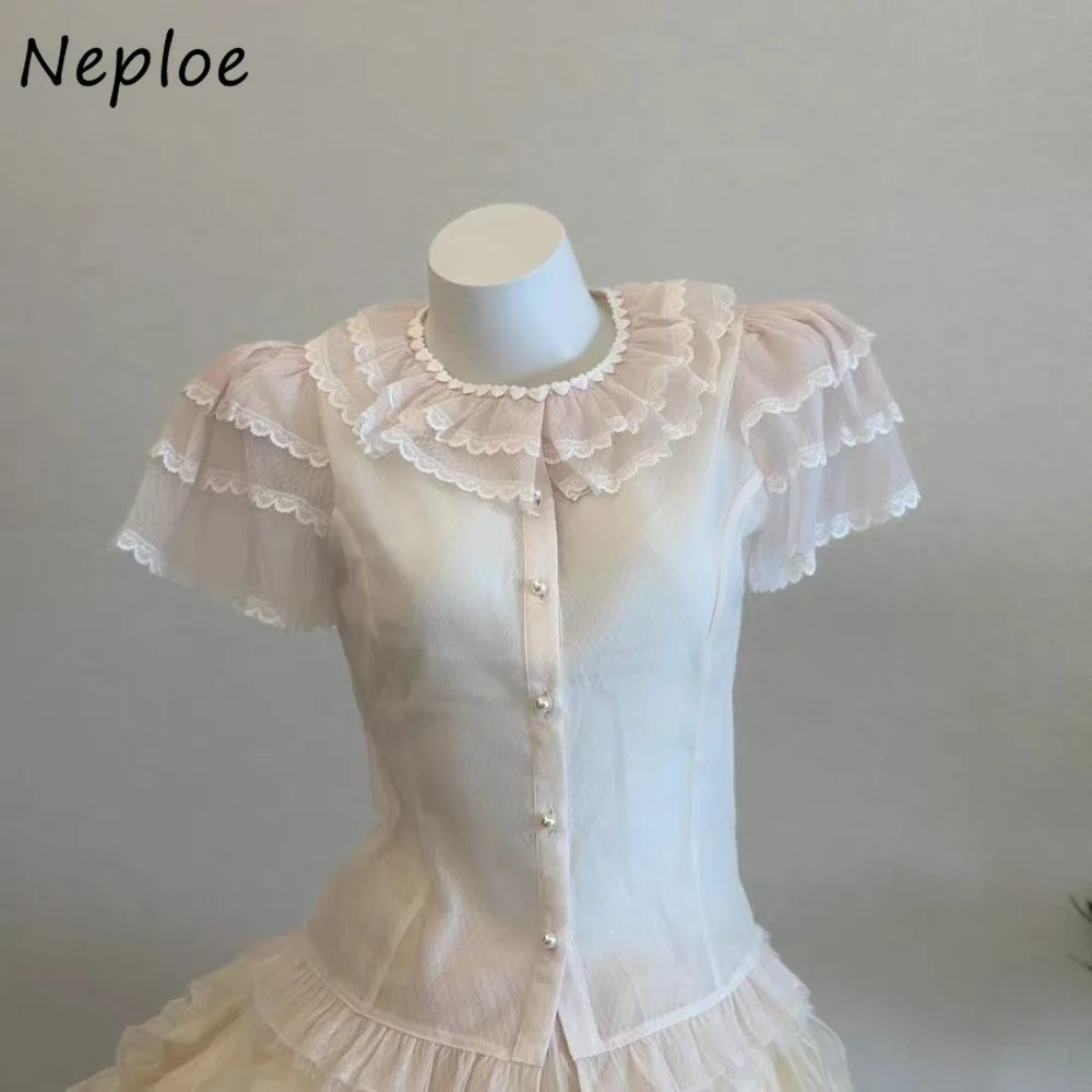 

Neploe Lace Bow Sweet Fresh Women Clothing All-match Puff Sleeve Single Breasted Blusas Exquisite Literary Casual French Shirt
