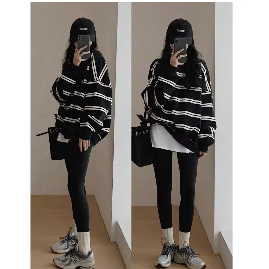 Autumn Loose-fit O Neck Black Striped Long Sleeve Sweatshirt Women Fall Casual Lazy Plus Size Top Trendy Pullovers Clothing