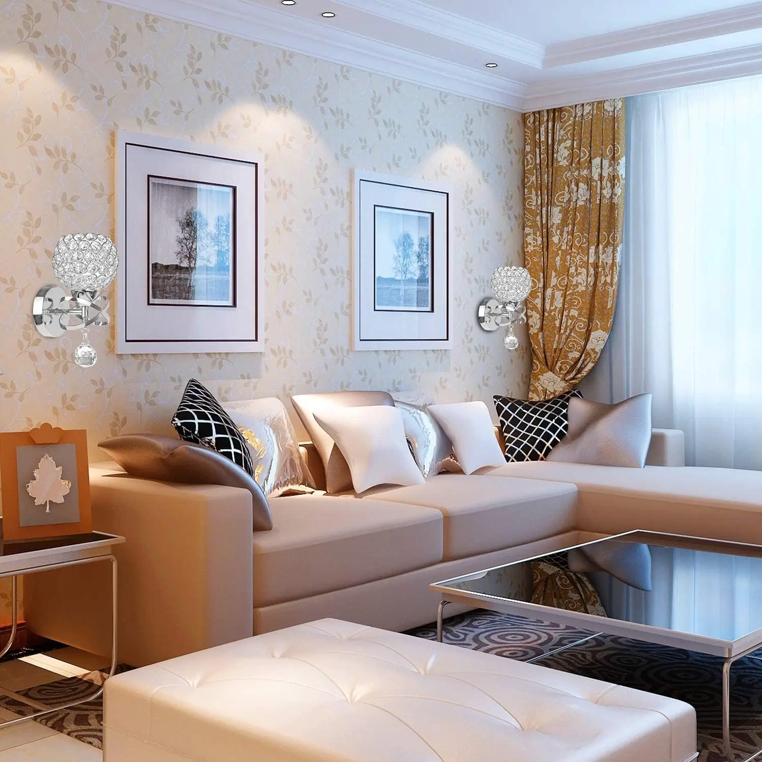 두 개의 크리스탈 벽 조명 세트, 침실, 거실, 복도용 현대적인 실버 벽 조명, 크리스탈 볼 장식