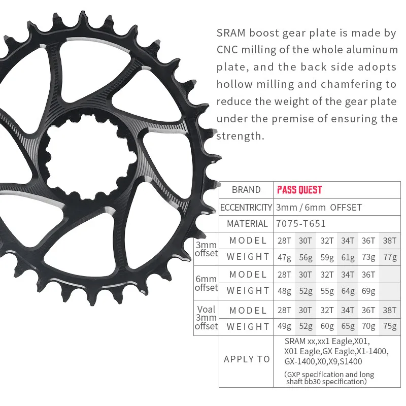 PASS QUEST 3mm/6mm Offset 28T-38T Crankset ForSRAM Gxs Xx1 Eagle forGXP Round MTB Narrow Chainring Bicycle Chainwheel Cycling