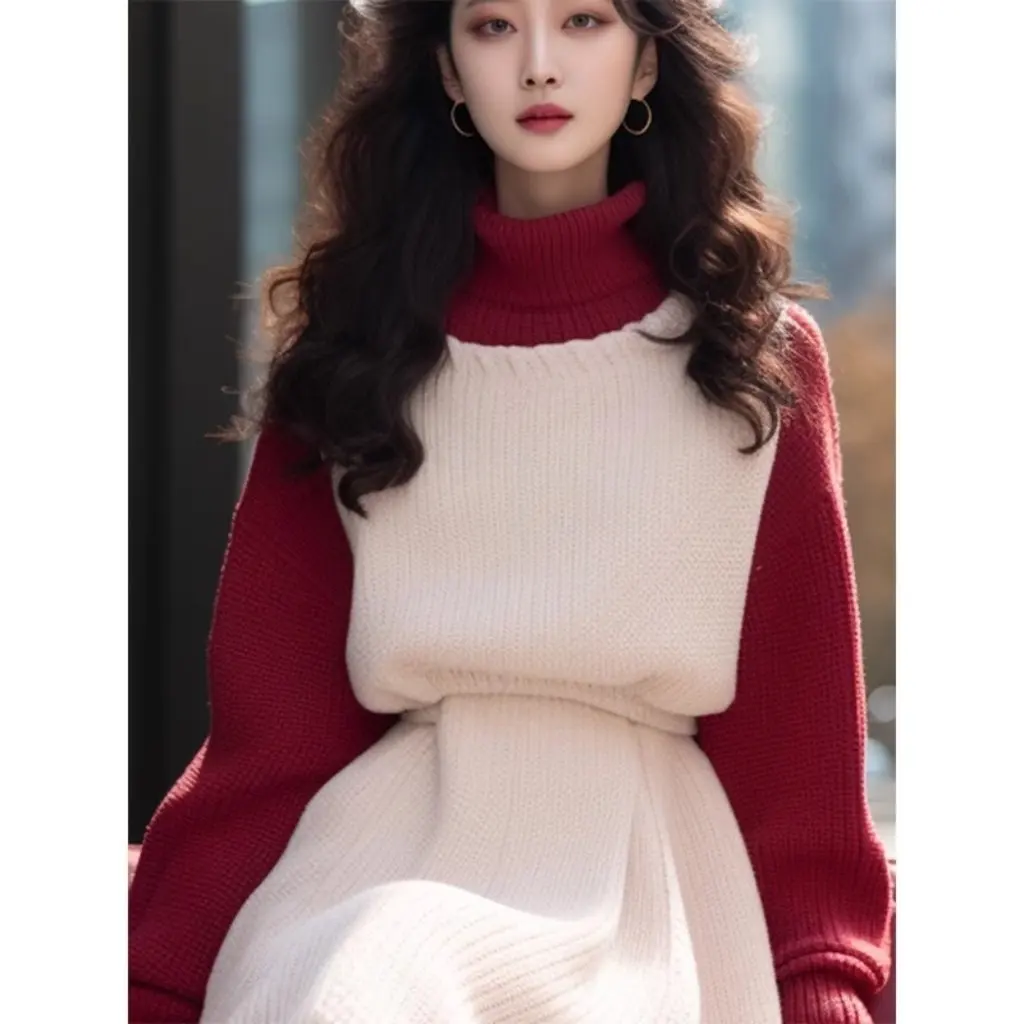 

New Women's High-End Red Stitching Dress Exquisite Autumn Winter Temperament Chinese New Year Fashion Set