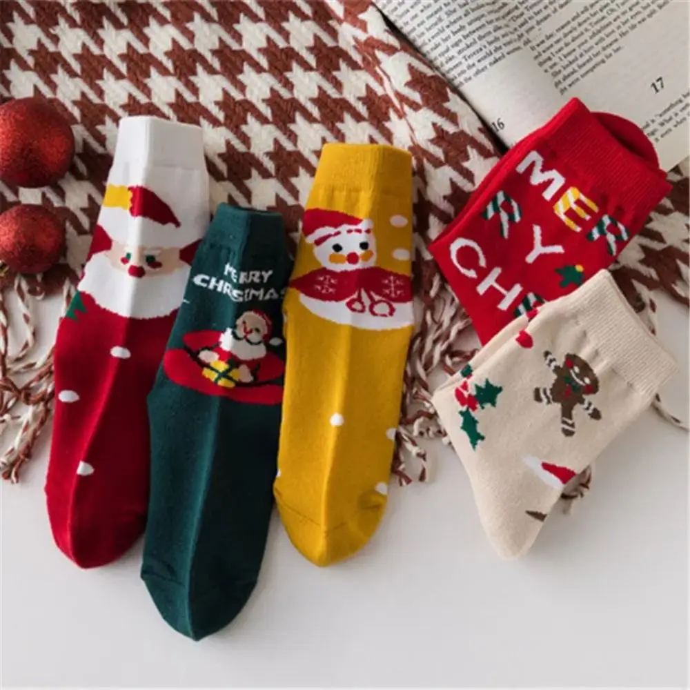 5 Pair Fashion Design Cotton Children Christmas Socks Elk Santa Claus Cartoon Hosiery Korean Style Snowman Mid-Tube Socks Girls