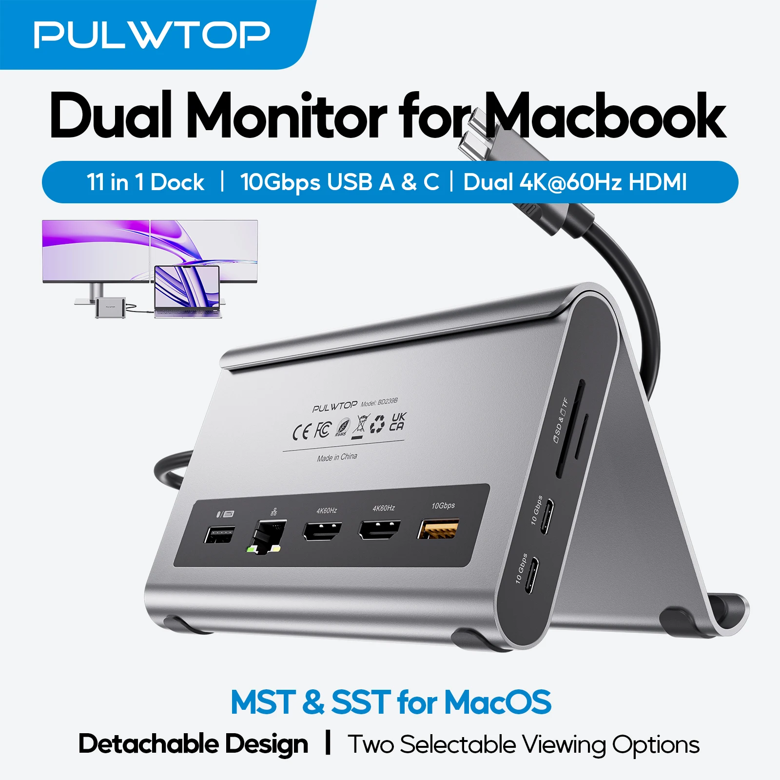 

PULWTOP USB C Docking Station Dual Monitor with 2 HDMI, PD,Ethernet, USB A/C 10Gbps, Audio, SD/TF, for MacBook Pro/Air M3 Pro/M4